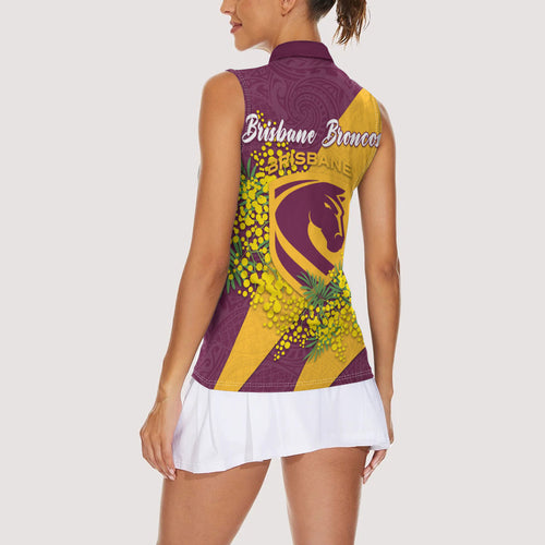 Brisbane Broncos Women Sleeveless Polo Shirt Golden Wattle Floral Polynesian - Australian Flower - Rugby Mascot