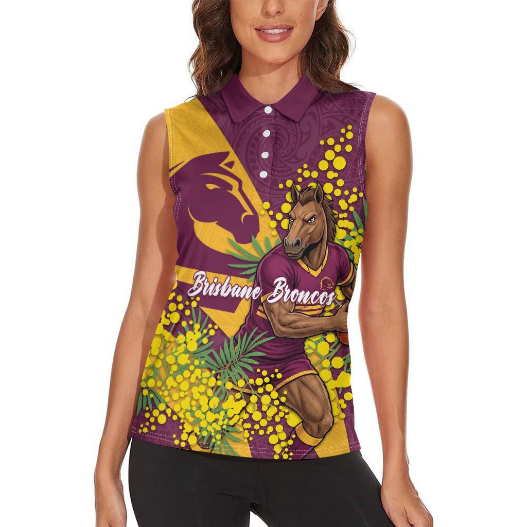 Brisbane Broncos Women Sleeveless Polo Shirt Golden Wattle Floral Polynesian - Australian Flower - Rugby Mascot