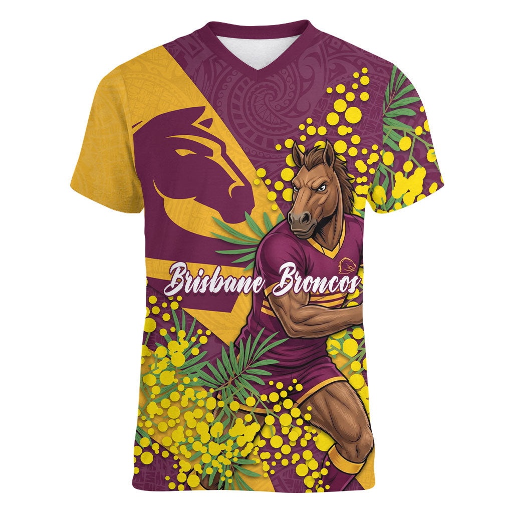 Brisbane Broncos Women V-Neck T-Shirt Golden Wattle Floral Polynesian - Australian Flower - Rugby Mascot