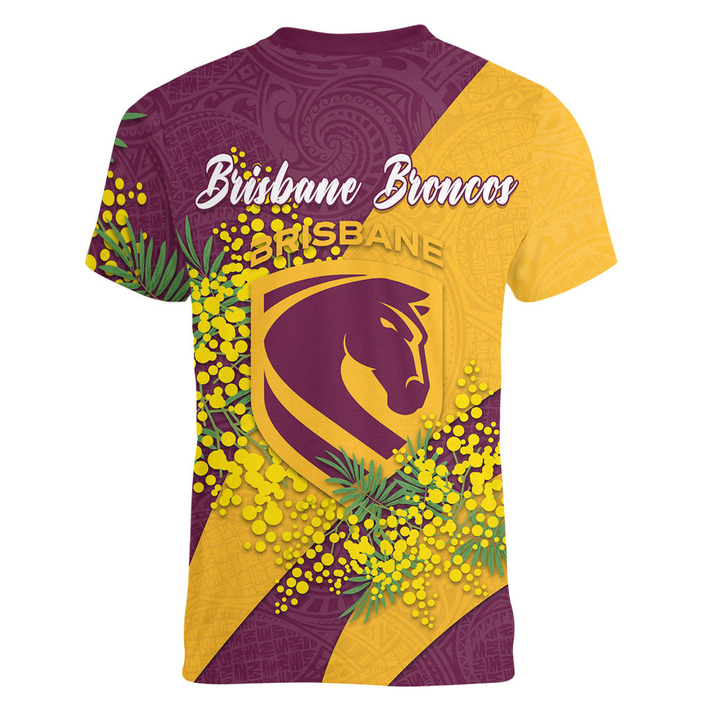 Brisbane Broncos Women V-Neck T-Shirt Golden Wattle Floral Polynesian - Australian Flower - Rugby Mascot