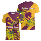 Brisbane Broncos Women V-Neck T-Shirt Golden Wattle Floral Polynesian - Australian Flower - Rugby Mascot