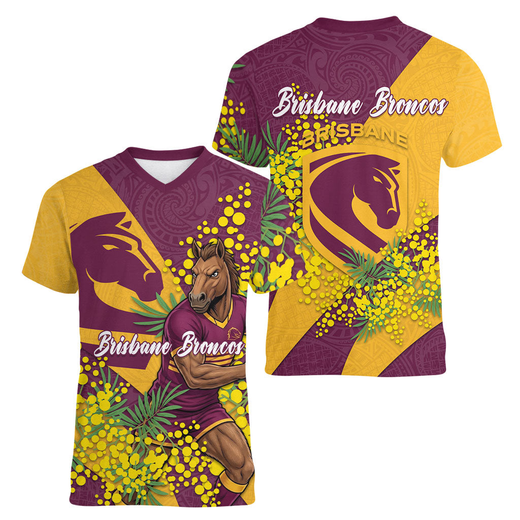Brisbane Broncos Women V-Neck T-Shirt Golden Wattle Floral Polynesian - Australian Flower - Rugby Mascot