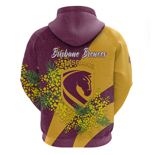 Brisbane Broncos Zip Hoodie Golden Wattle Floral Polynesian - Australian Flower - Rugby Mascot