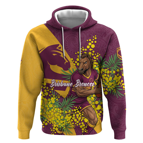 Brisbane Broncos Zip Hoodie Golden Wattle Floral Polynesian - Australian Flower - Rugby Mascot