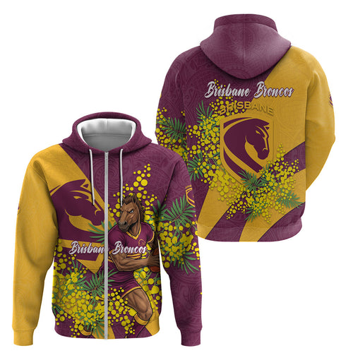Brisbane Broncos Zip Hoodie Golden Wattle Floral Polynesian - Australian Flower - Rugby Mascot