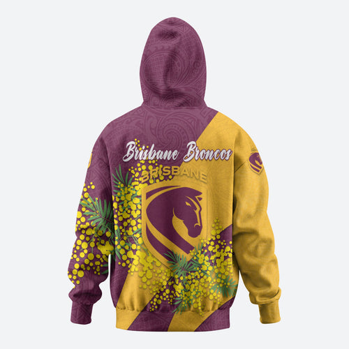 Brisbane Broncos Zip Hoodie Golden Wattle Floral Polynesian - Australian Flower - Rugby Mascot