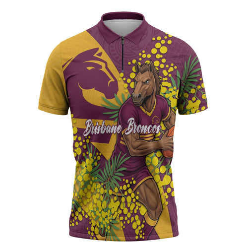 Brisbane Broncos Zipper Polo Shirt Golden Wattle Floral Polynesian - Australian Flower - Rugby Mascot