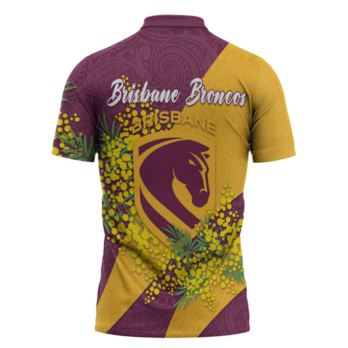 Brisbane Broncos Zipper Polo Shirt Golden Wattle Floral Polynesian - Australian Flower - Rugby Mascot