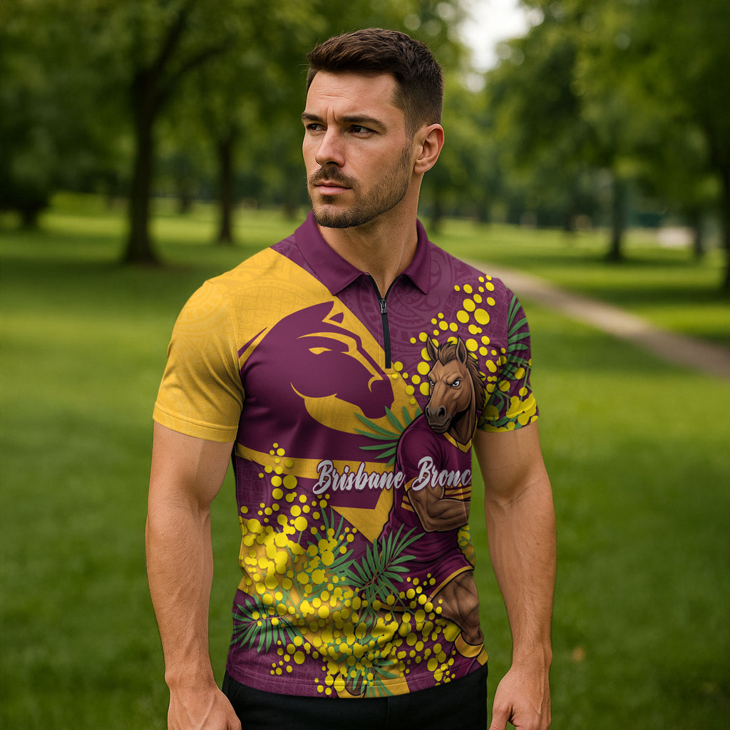 Brisbane Broncos Zipper Polo Shirt Golden Wattle Floral Polynesian - Australian Flower - Rugby Mascot