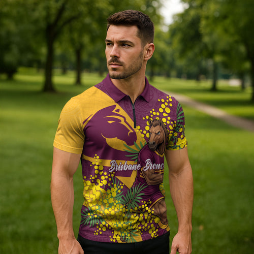 Brisbane Broncos Zipper Polo Shirt Golden Wattle Floral Polynesian - Australian Flower - Rugby Mascot