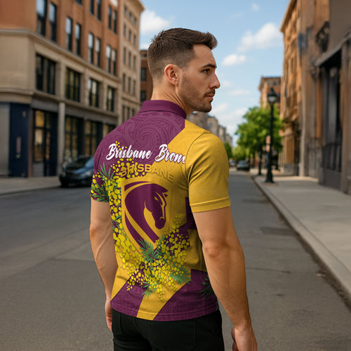 Brisbane Broncos Zipper Polo Shirt Golden Wattle Floral Polynesian - Australian Flower - Rugby Mascot
