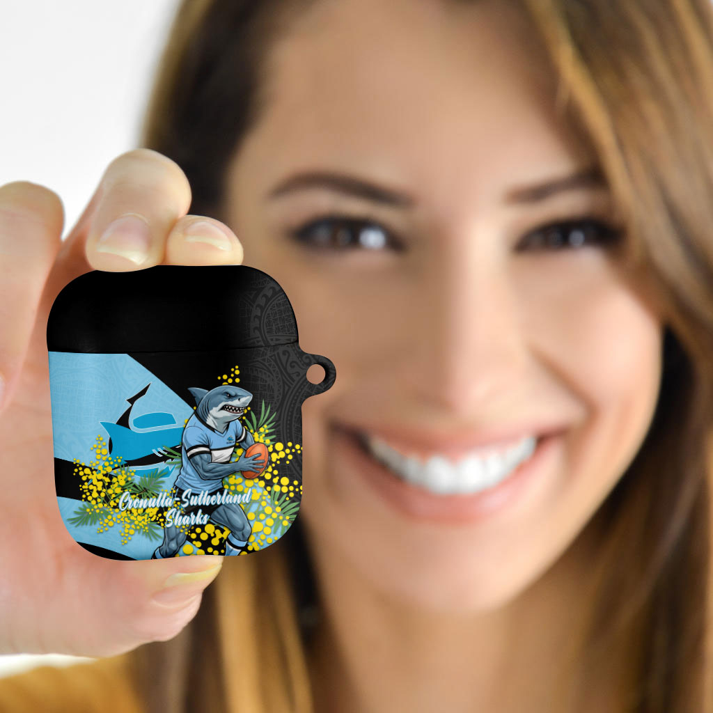 Cronulla Sutherland Sharks AirPods Case Golden Wattle Floral Polynesian - Australian Flower - Rugby Mascot