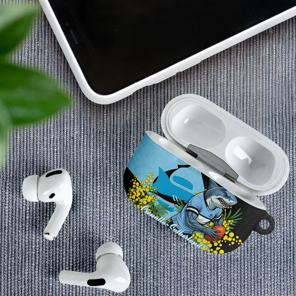 Cronulla Sutherland Sharks AirPods Case Golden Wattle Floral Polynesian - Australian Flower - Rugby Mascot
