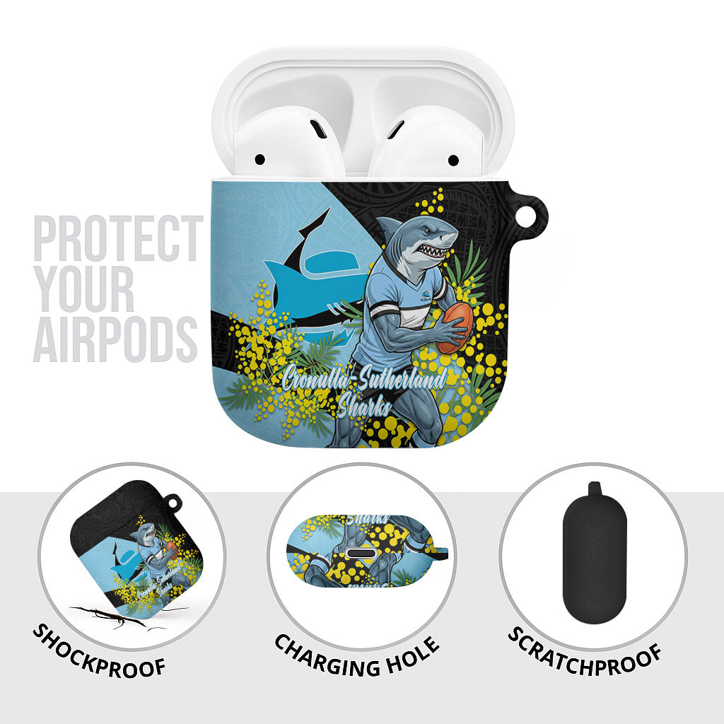 Cronulla Sutherland Sharks AirPods Case Golden Wattle Floral Polynesian - Australian Flower - Rugby Mascot