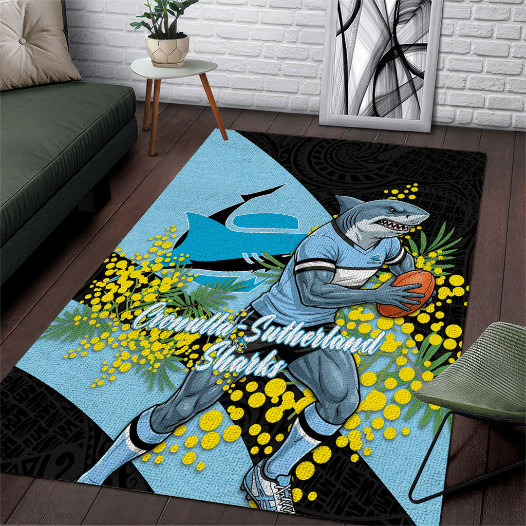 Cronulla Sutherland Sharks Area Rug Golden Wattle Floral Polynesian - Australian Flower - Rugby Mascot