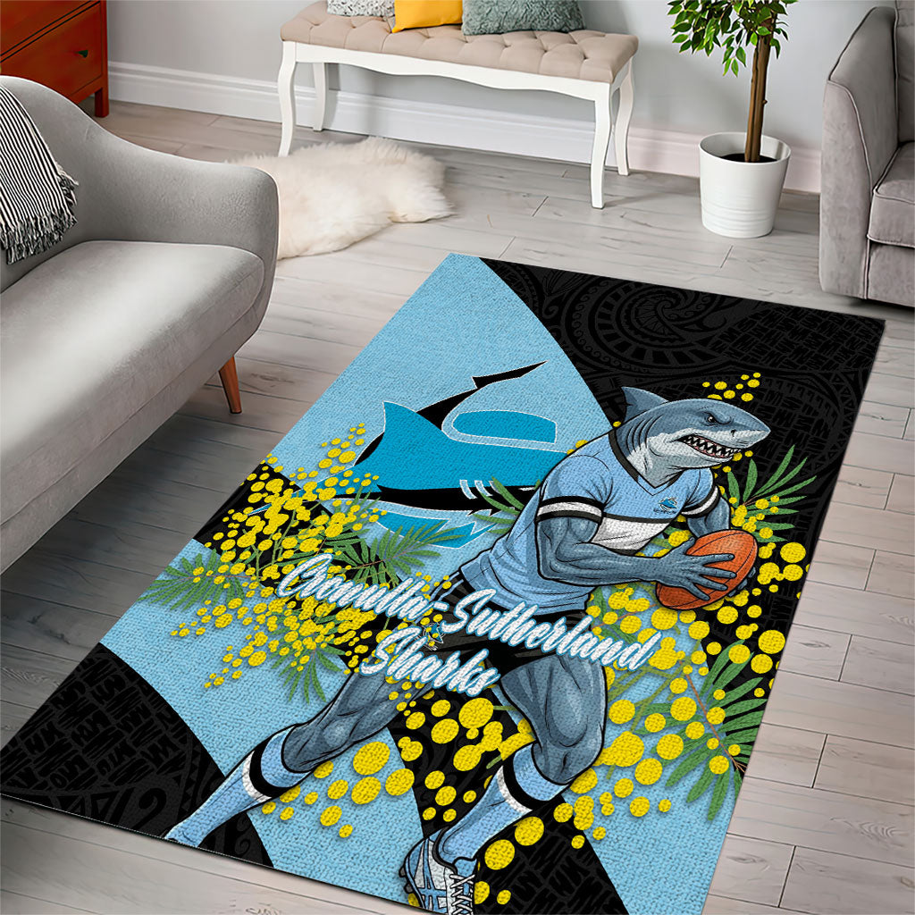 Cronulla Sutherland Sharks Area Rug Golden Wattle Floral Polynesian - Australian Flower - Rugby Mascot