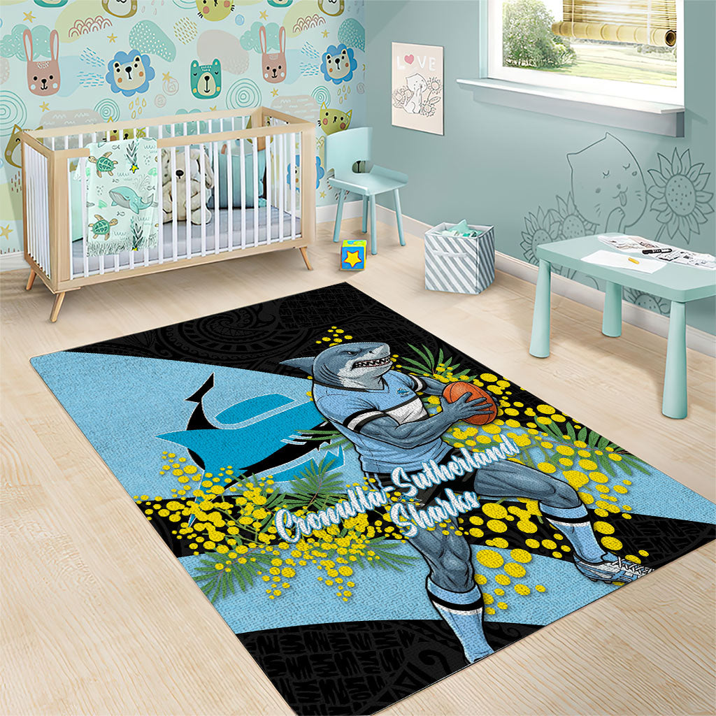 Cronulla Sutherland Sharks Area Rug Golden Wattle Floral Polynesian - Australian Flower - Rugby Mascot