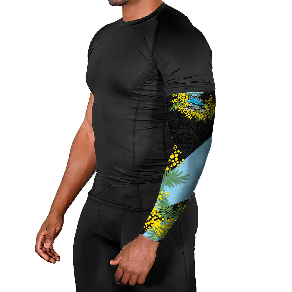 Cronulla Sutherland Sharks Arm Sleeves Golden Wattle Floral Polynesian - Australian Flower - Rugby Mascot