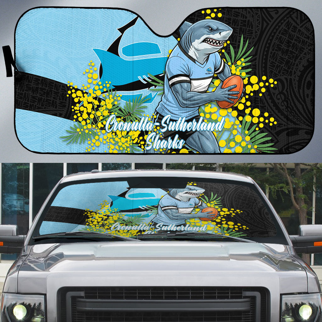Cronulla Sutherland Sharks Auto Sun Shade Golden Wattle Floral Polynesian - Australian Flower - Rugby Mascot