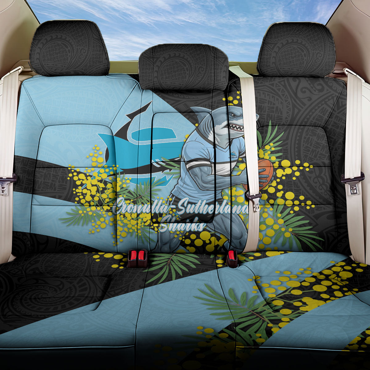 Cronulla Sutherland Sharks Back Car Seat Cover Golden Wattle Floral Polynesian - Australian Flower - Rugby Mascot