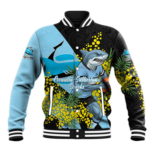 Cronulla Sutherland Sharks Baseball Jacket Golden Wattle Floral Polynesian - Australian Flower - Rugby Mascot