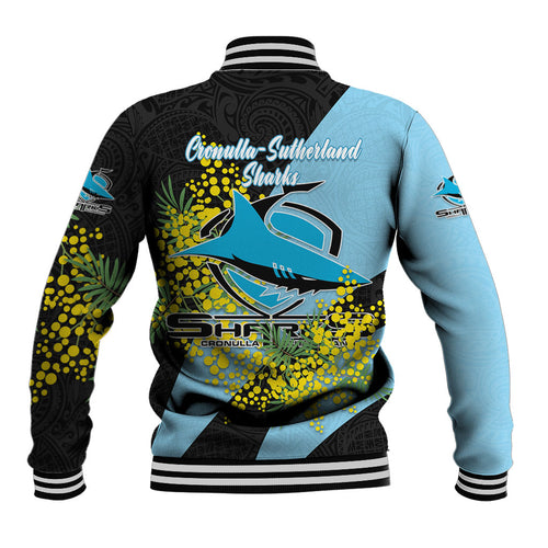 Cronulla Sutherland Sharks Baseball Jacket Golden Wattle Floral Polynesian - Australian Flower - Rugby Mascot