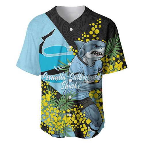 Cronulla Sutherland Sharks Baseball Jersey Golden Wattle Floral Polynesian - Australian Flower - Rugby Mascot
