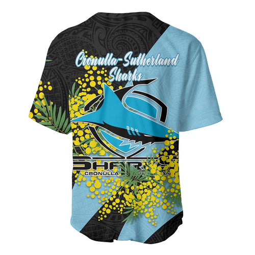 Cronulla Sutherland Sharks Baseball Jersey Golden Wattle Floral Polynesian - Australian Flower - Rugby Mascot
