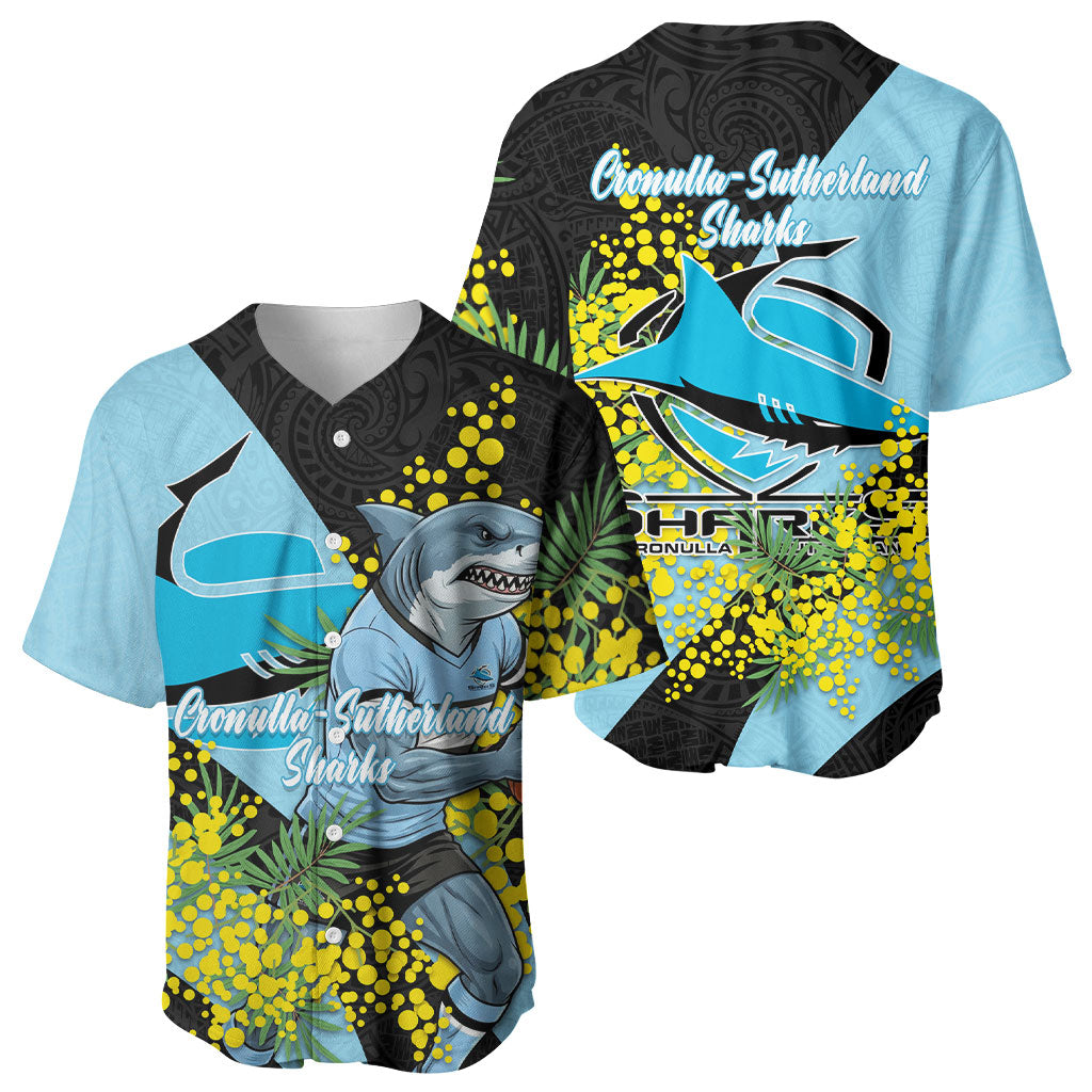 Cronulla Sutherland Sharks Baseball Jersey Golden Wattle Floral Polynesian - Australian Flower - Rugby Mascot