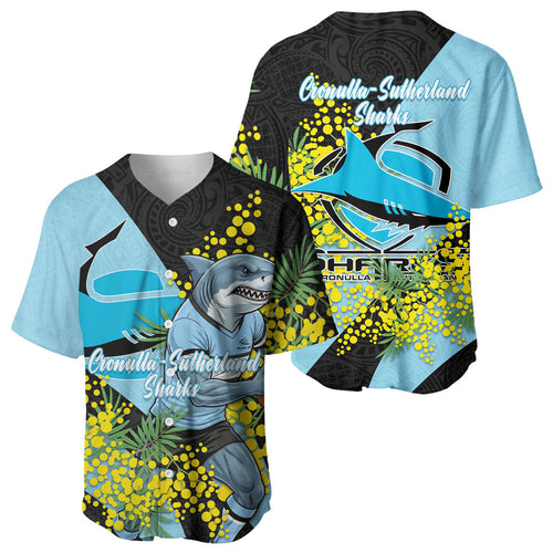 Cronulla Sutherland Sharks Baseball Jersey Golden Wattle Floral Polynesian - Australian Flower - Rugby Mascot