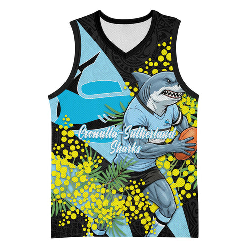 Cronulla Sutherland Sharks Basketball Jersey Golden Wattle Floral Polynesian - Australian Flower - Rugby Mascot