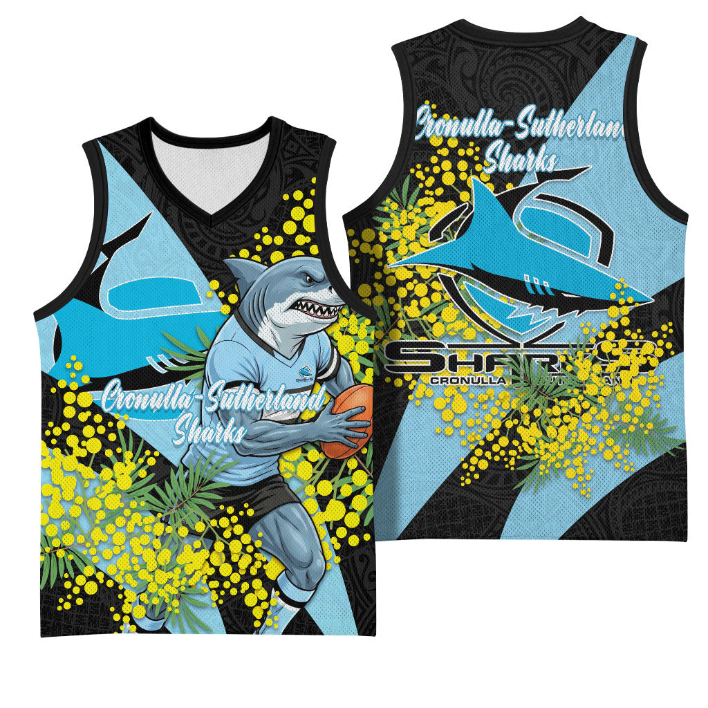 Cronulla Sutherland Sharks Basketball Jersey Golden Wattle Floral Polynesian - Australian Flower - Rugby Mascot