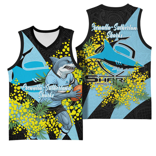 Cronulla Sutherland Sharks Basketball Jersey Golden Wattle Floral Polynesian - Australian Flower - Rugby Mascot