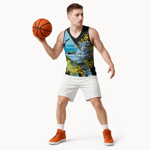 Cronulla Sutherland Sharks Basketball Jersey Golden Wattle Floral Polynesian - Australian Flower - Rugby Mascot