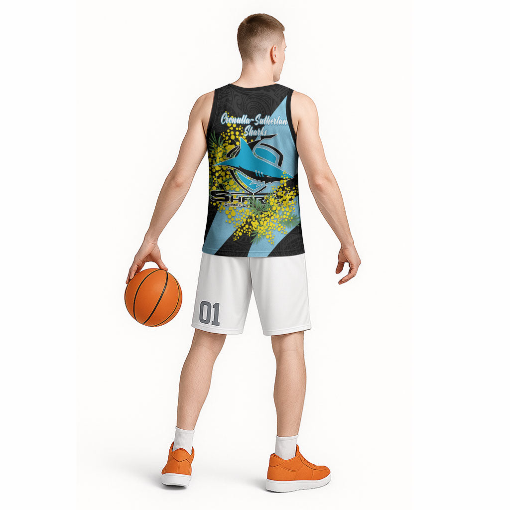 Cronulla Sutherland Sharks Basketball Jersey Golden Wattle Floral Polynesian - Australian Flower - Rugby Mascot