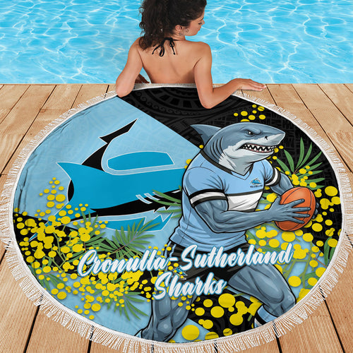 Cronulla Sutherland Sharks Beach Blanket Golden Wattle Floral Polynesian - Australian Flower - Rugby Mascot