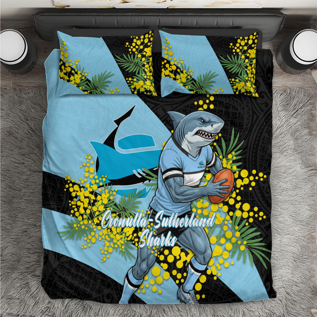 Cronulla Sutherland Sharks Bedding Set Golden Wattle Floral Polynesian - Australian Flower - Rugby Mascot