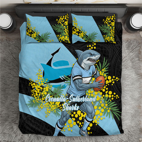 Cronulla Sutherland Sharks Bedding Set Golden Wattle Floral Polynesian - Australian Flower - Rugby Mascot