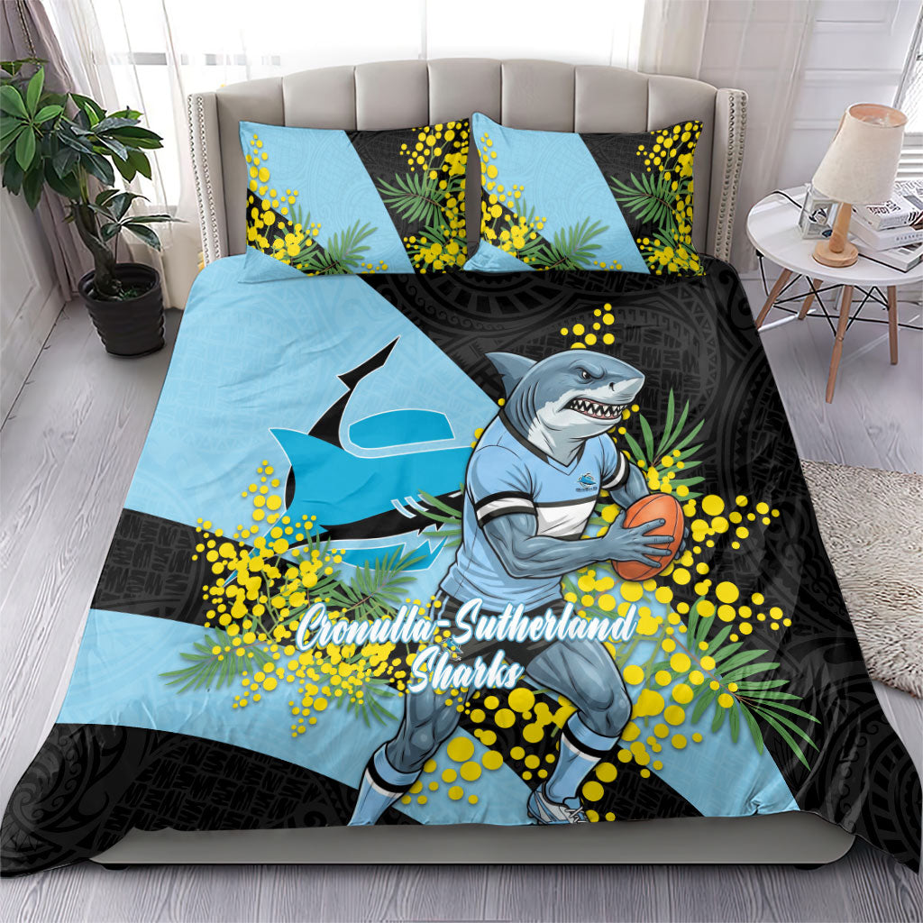 Cronulla Sutherland Sharks Bedding Set Golden Wattle Floral Polynesian - Australian Flower - Rugby Mascot