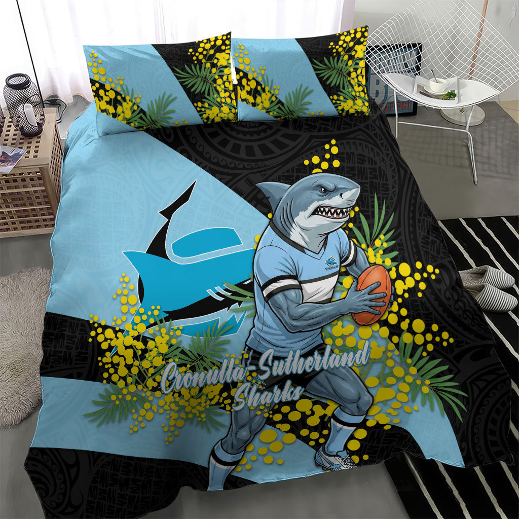 Cronulla Sutherland Sharks Bedding Set Golden Wattle Floral Polynesian - Australian Flower - Rugby Mascot