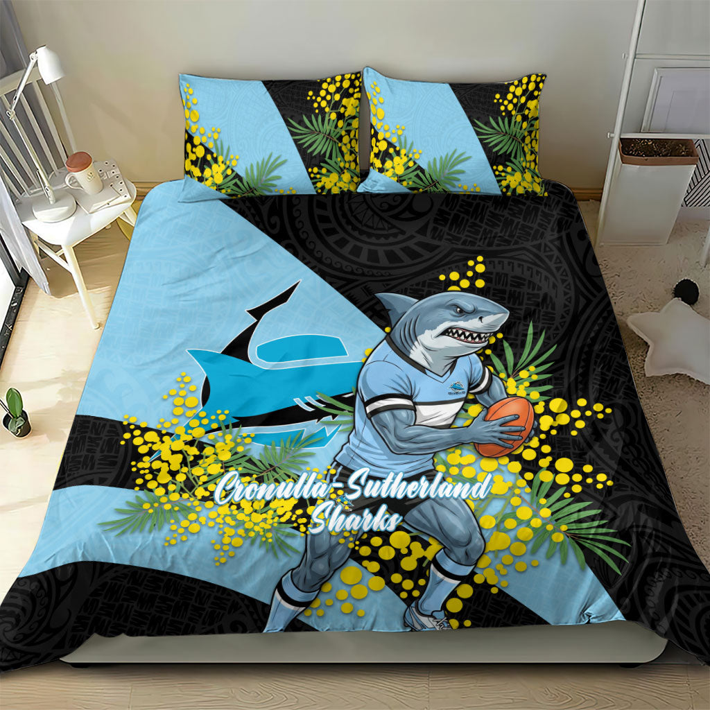 Cronulla Sutherland Sharks Bedding Set Golden Wattle Floral Polynesian - Australian Flower - Rugby Mascot