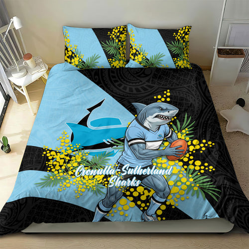 Cronulla Sutherland Sharks Bedding Set Golden Wattle Floral Polynesian - Australian Flower - Rugby Mascot