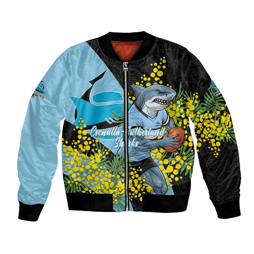 Cronulla Sutherland Sharks Bomber Jacket Golden Wattle Floral Polynesian - Australian Flower - Rugby Mascot