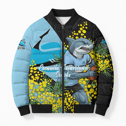 Cronulla Sutherland Sharks Bomber Puffer Jacket Golden Wattle Floral Polynesian - Australian Flower - Rugby Mascot