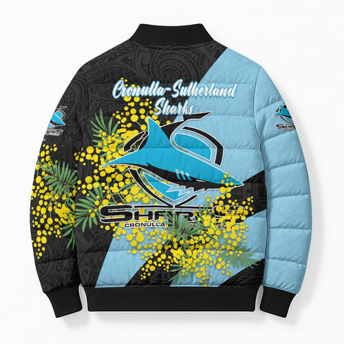 Cronulla Sutherland Sharks Bomber Puffer Jacket Golden Wattle Floral Polynesian - Australian Flower - Rugby Mascot