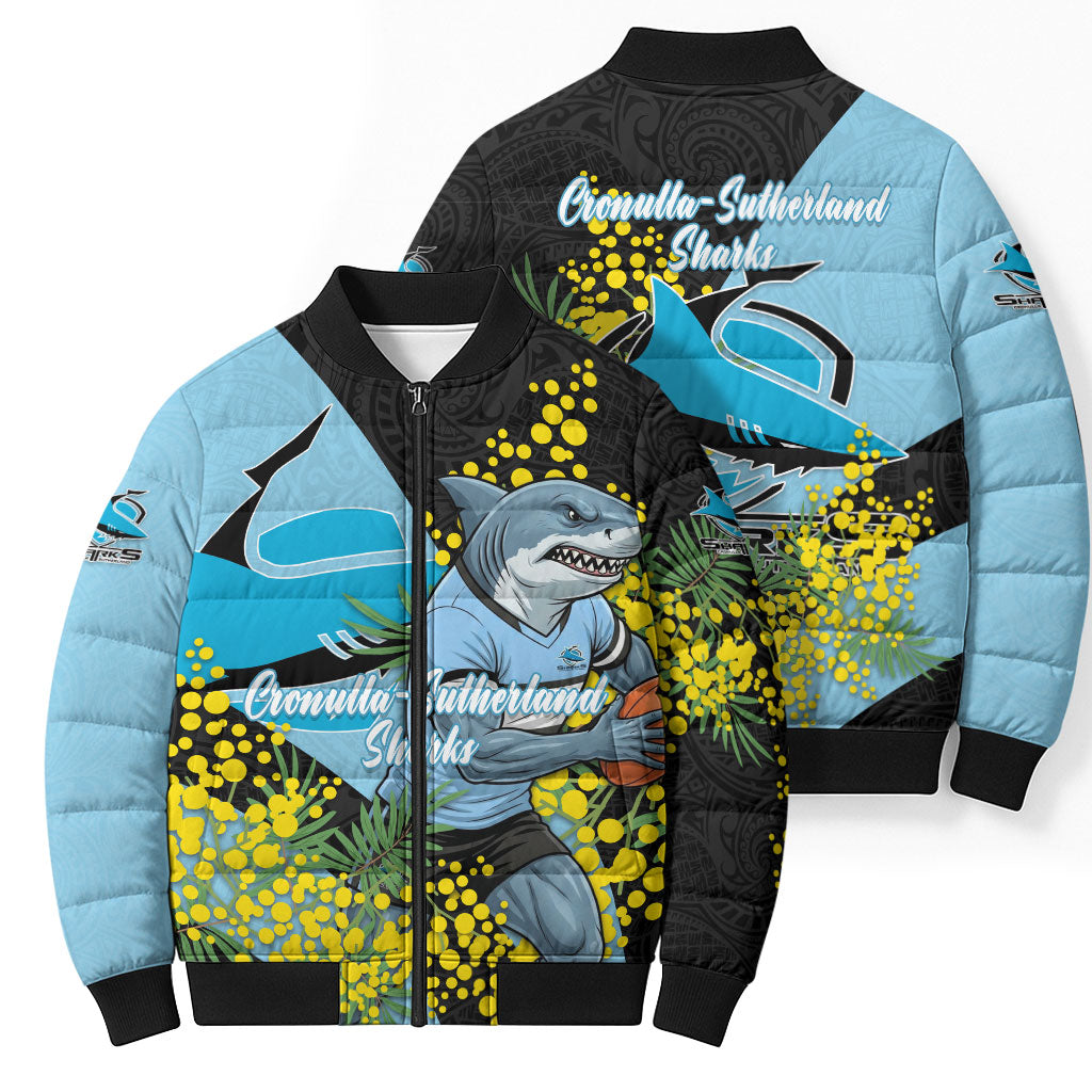Cronulla Sutherland Sharks Bomber Puffer Jacket Golden Wattle Floral Polynesian - Australian Flower - Rugby Mascot