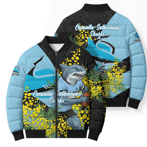 Cronulla Sutherland Sharks Bomber Puffer Jacket Golden Wattle Floral Polynesian - Australian Flower - Rugby Mascot