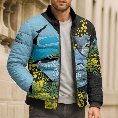 Cronulla Sutherland Sharks Bomber Puffer Jacket Golden Wattle Floral Polynesian - Australian Flower - Rugby Mascot