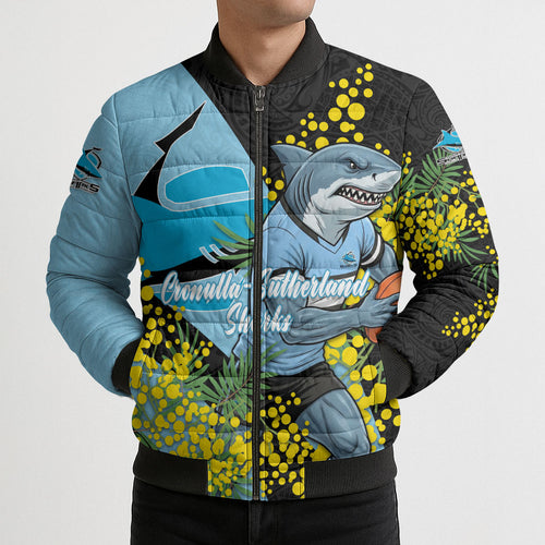 Cronulla Sutherland Sharks Bomber Puffer Jacket Golden Wattle Floral Polynesian - Australian Flower - Rugby Mascot
