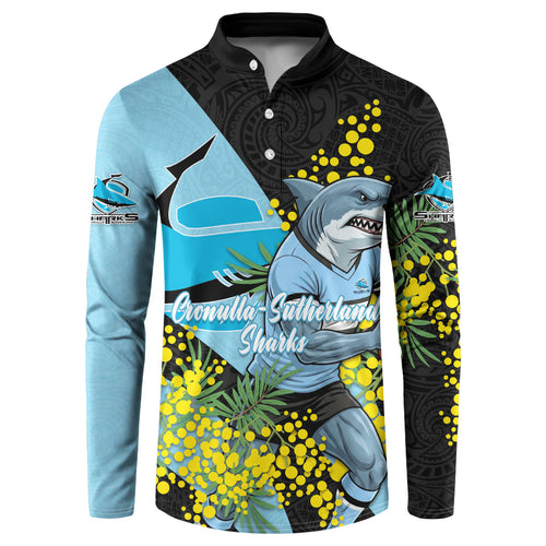 Cronulla Sutherland Sharks Button Sweatshirt Golden Wattle Floral Polynesian - Australian Flower - Rugby Mascot